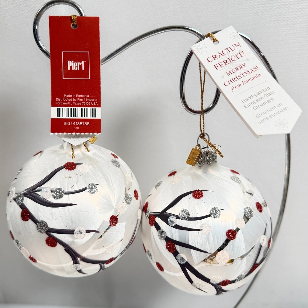 Pier 1 Christmas Ornaments Set 2 Hand Painted Blown Glass Romania 3" w Tags